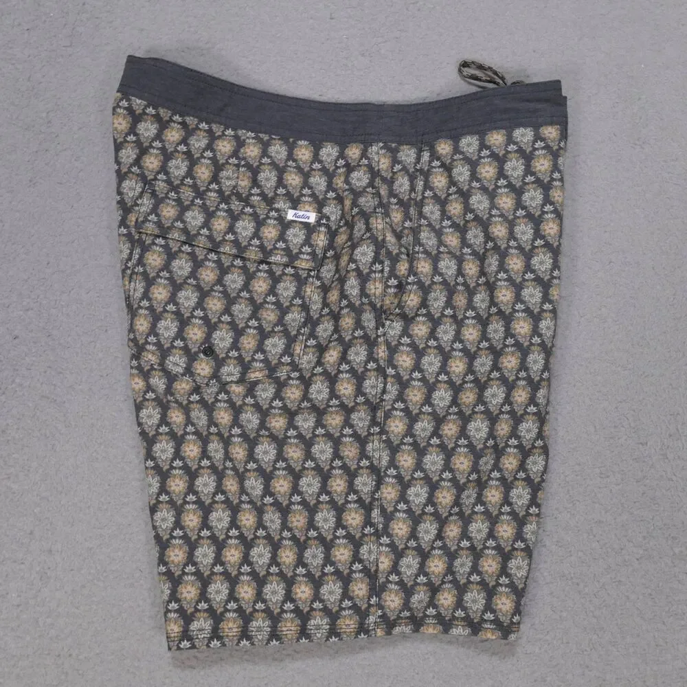 Katin Mens Board Shorts 38 Gray Floral Swim Trunks Drawstring